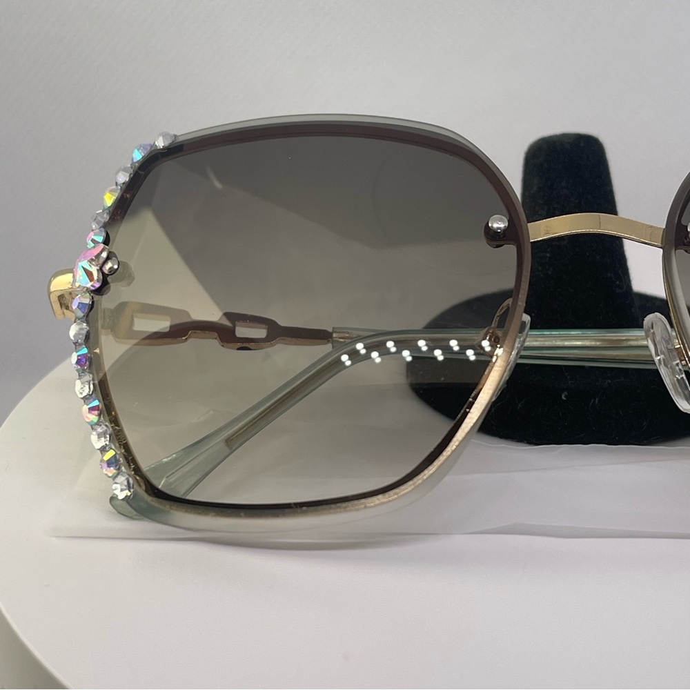 Oversized green gradient rimless rhinestone decor sunglasses - Picture 8 of 9